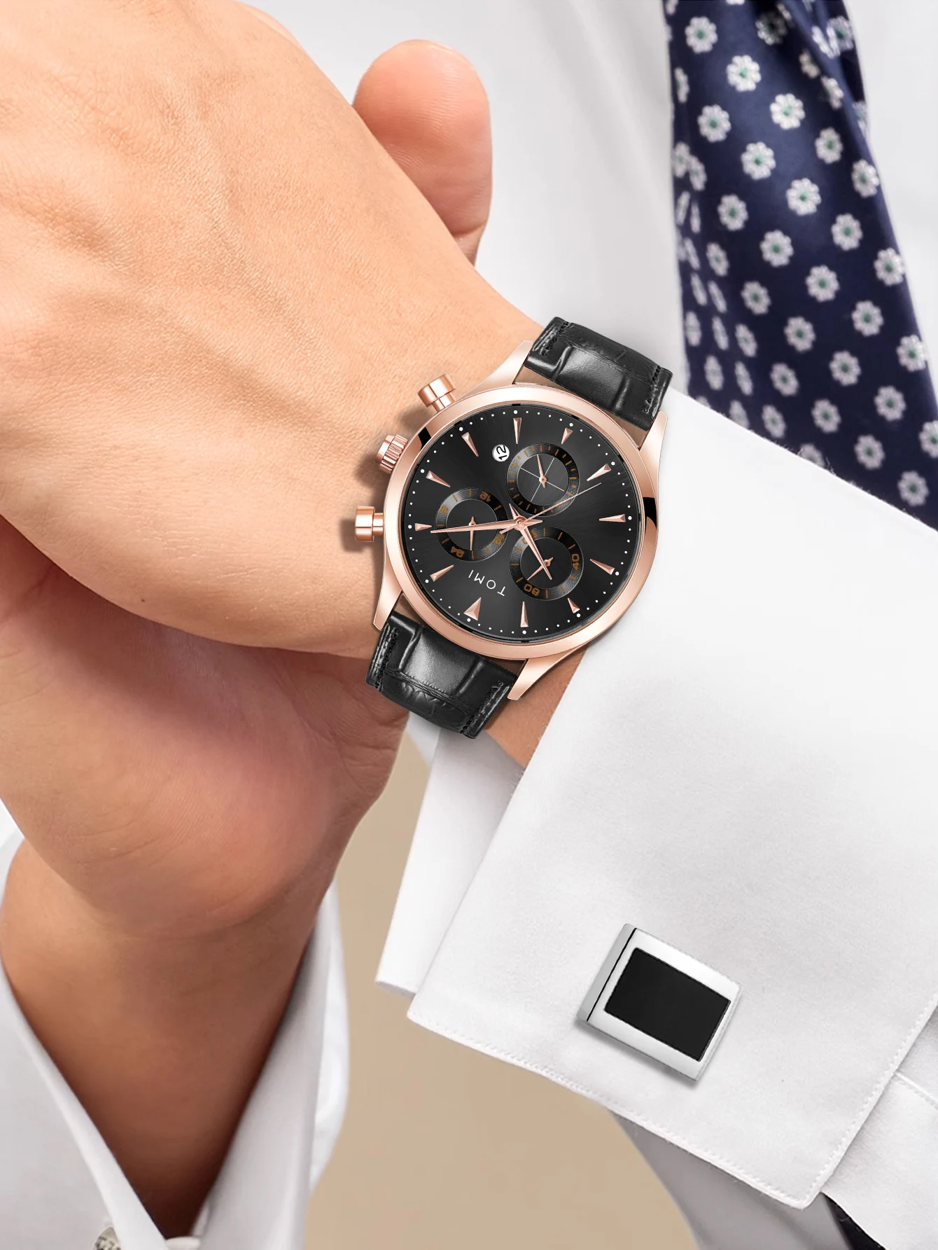 TOMI 4PCS Set Luxury Business Men's Quartz Watch Casual Fashion Versatile Watch Men's Cufflinks Tie Clip Watch Festival Gift