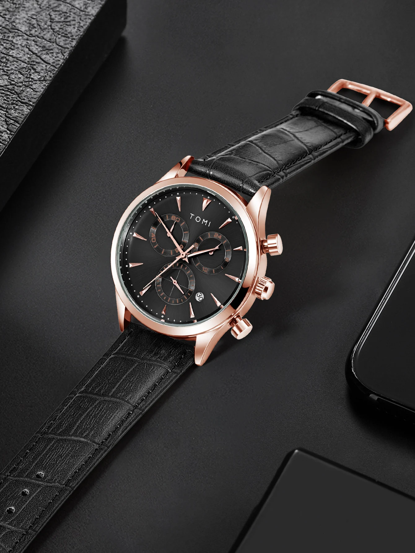 TOMI 4PCS Set Luxury Business Men's Quartz Watch Casual Fashion Versatile Watch Men's Cufflinks Tie Clip Watch Festival Gift