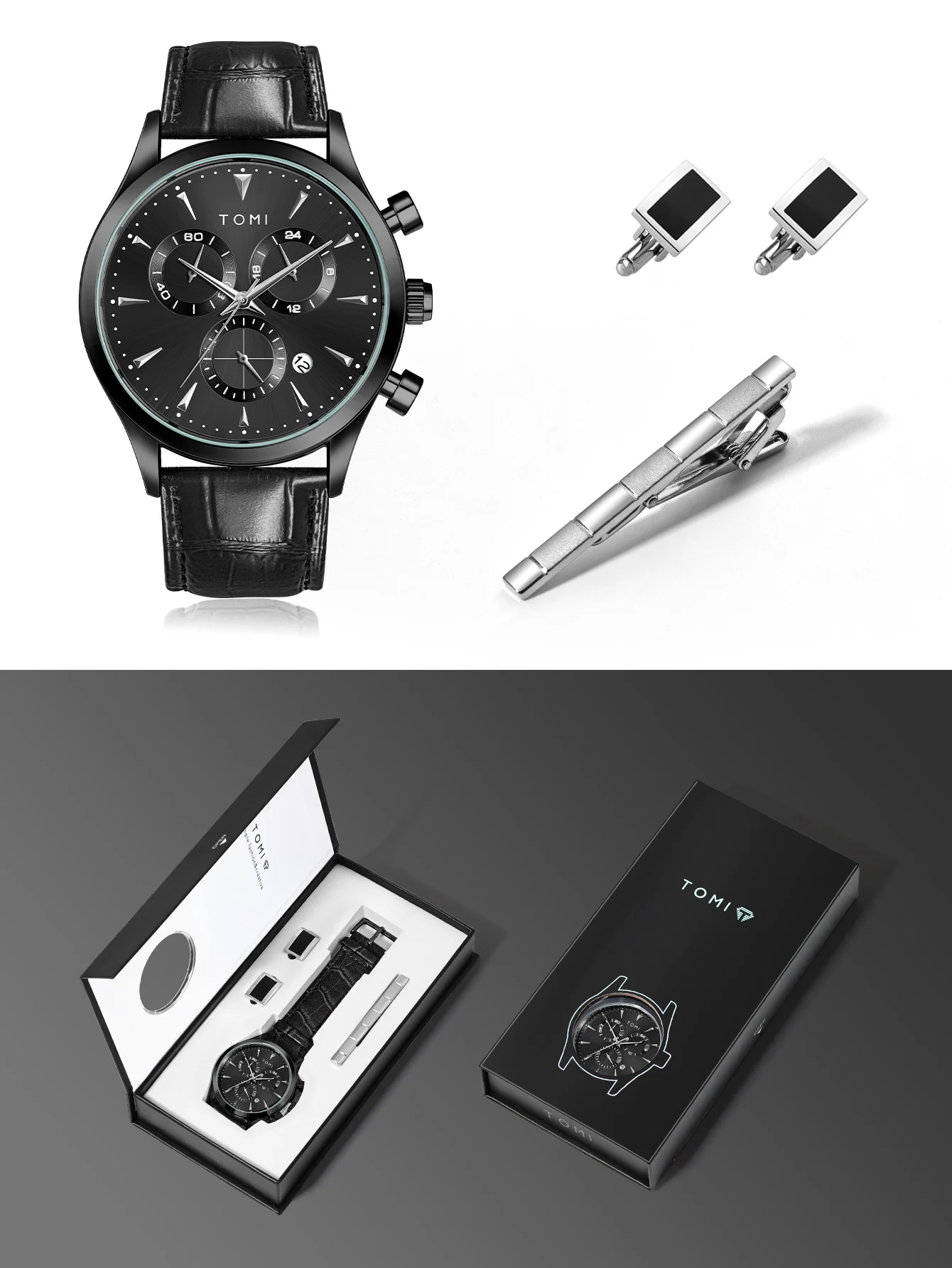 TOMI 4PCS Set Luxury Business Men's Quartz Watch Casual Fashion Versatile Watch Men's Cufflinks Tie Clip Watch Festival Gift