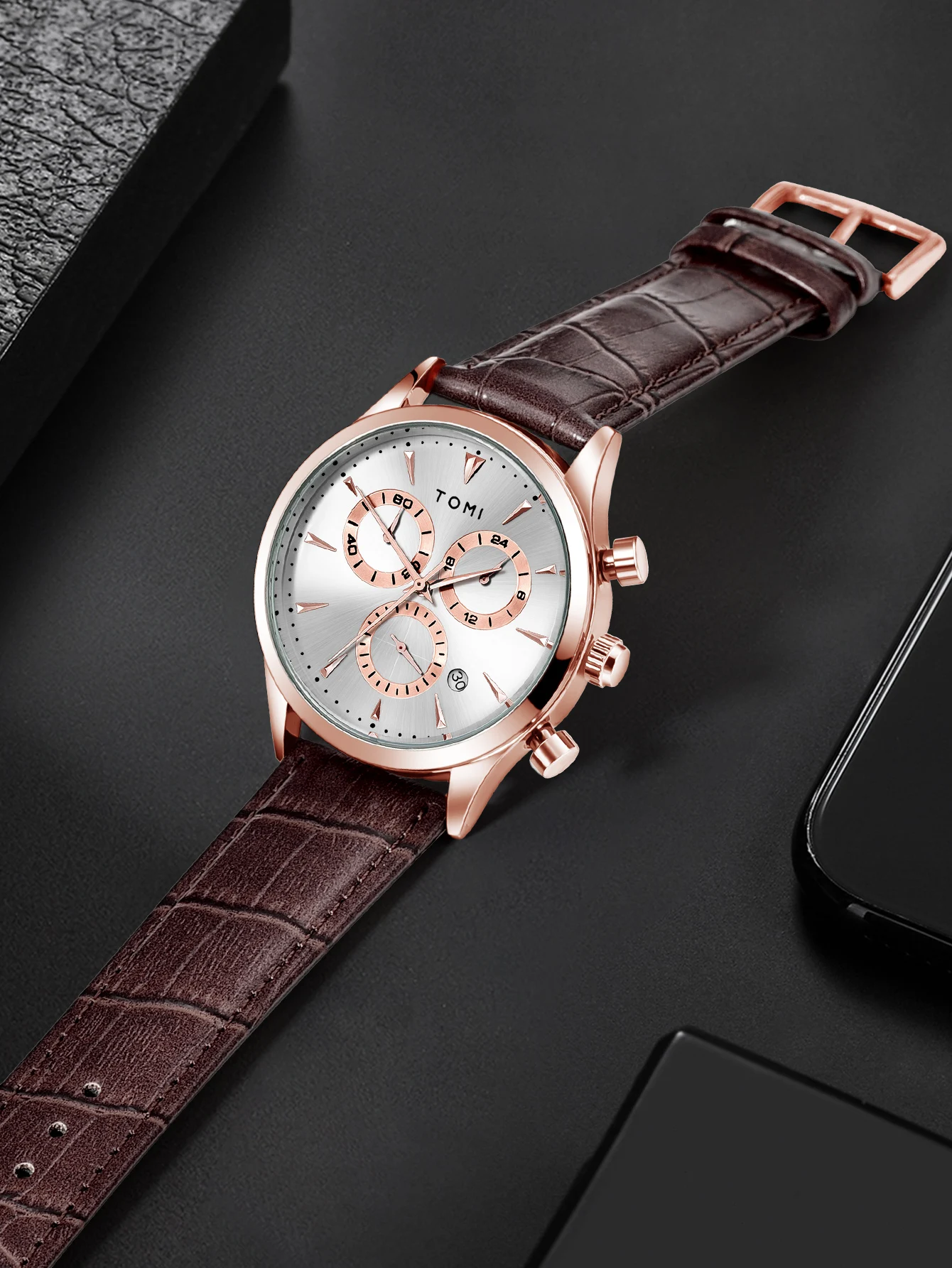 TOMI 4PCS Set Luxury Business Men's Quartz Watch Casual Fashion Versatile Watch Men's Cufflinks Tie Clip Watch Festival Gift