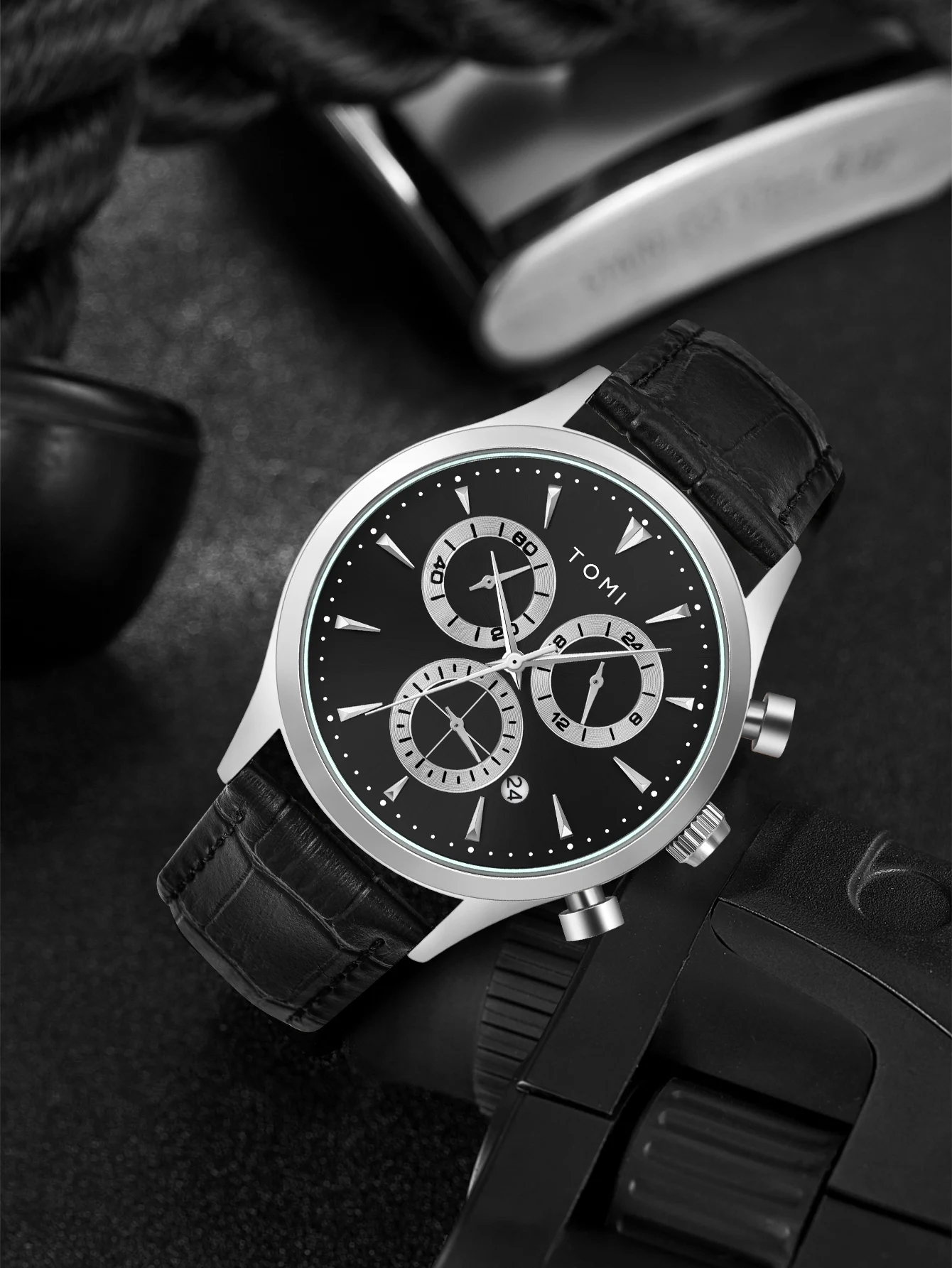 TOMI 4PCS Set Luxury Business Men's Quartz Watch Casual Fashion Versatile Watch Men's Cufflinks Tie Clip Watch Festival Gift