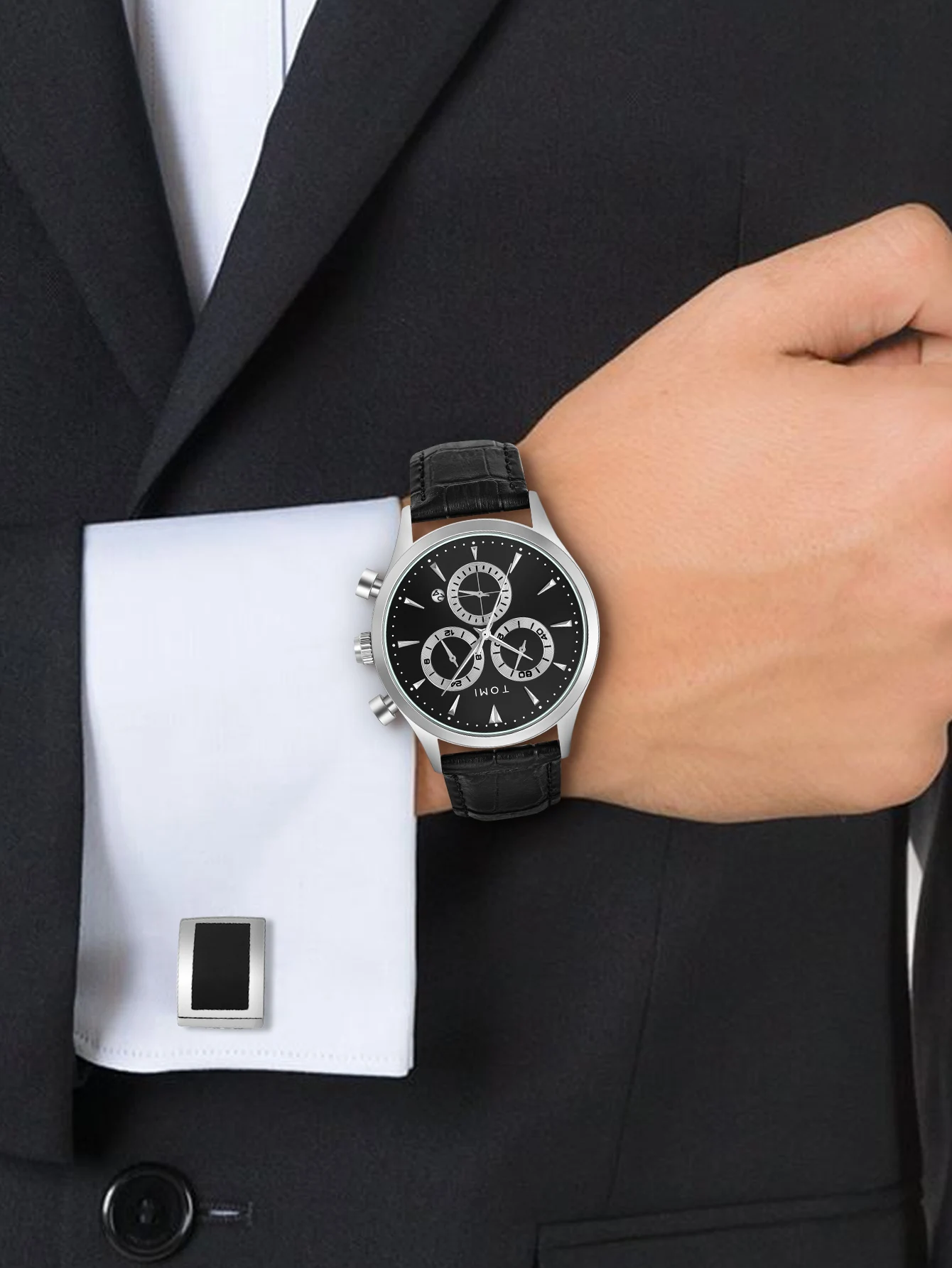 TOMI 4PCS Set Luxury Business Men's Quartz Watch Casual Fashion Versatile Watch Men's Cufflinks Tie Clip Watch Festival Gift
