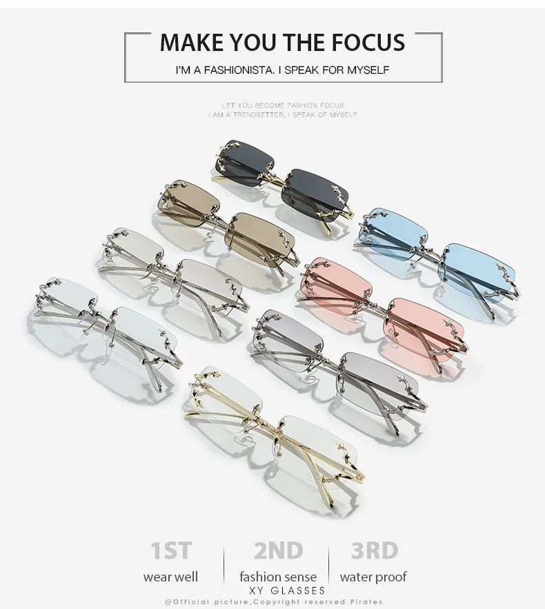 New Rimless Sunglasses Women Rectangle Stylish Y2K Personality Brand Designer UV400 Shades Cool Metal Starburst Decoration