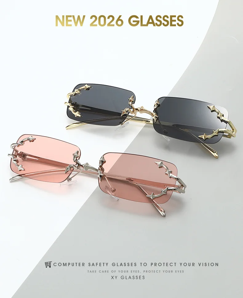 New Rimless Sunglasses Women Rectangle Stylish Y2K Personality Brand Designer UV400 Shades Cool Metal Starburst Decoration
