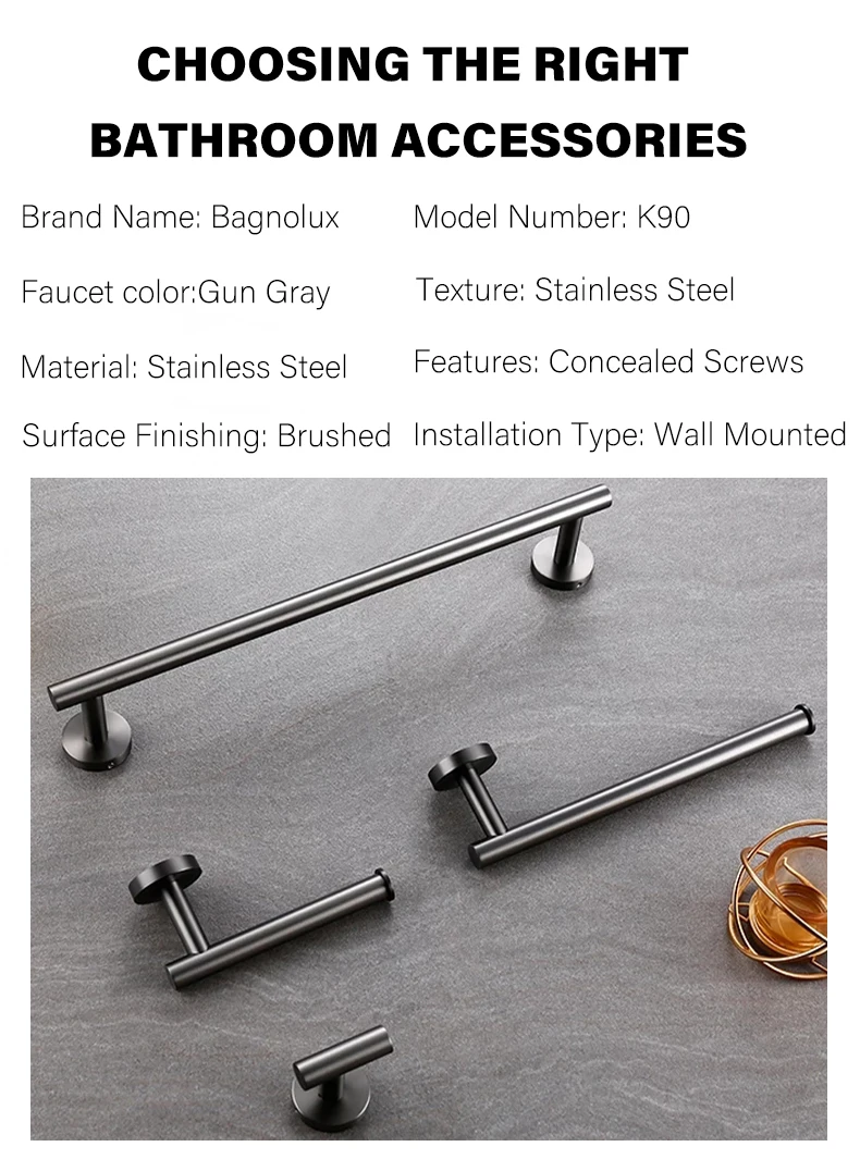 Bagnolux Stainless Steel Gunmeatal Black Brushed Gold Hanger Hook Towel Bar Set Paper Holder Bathroom Accessories