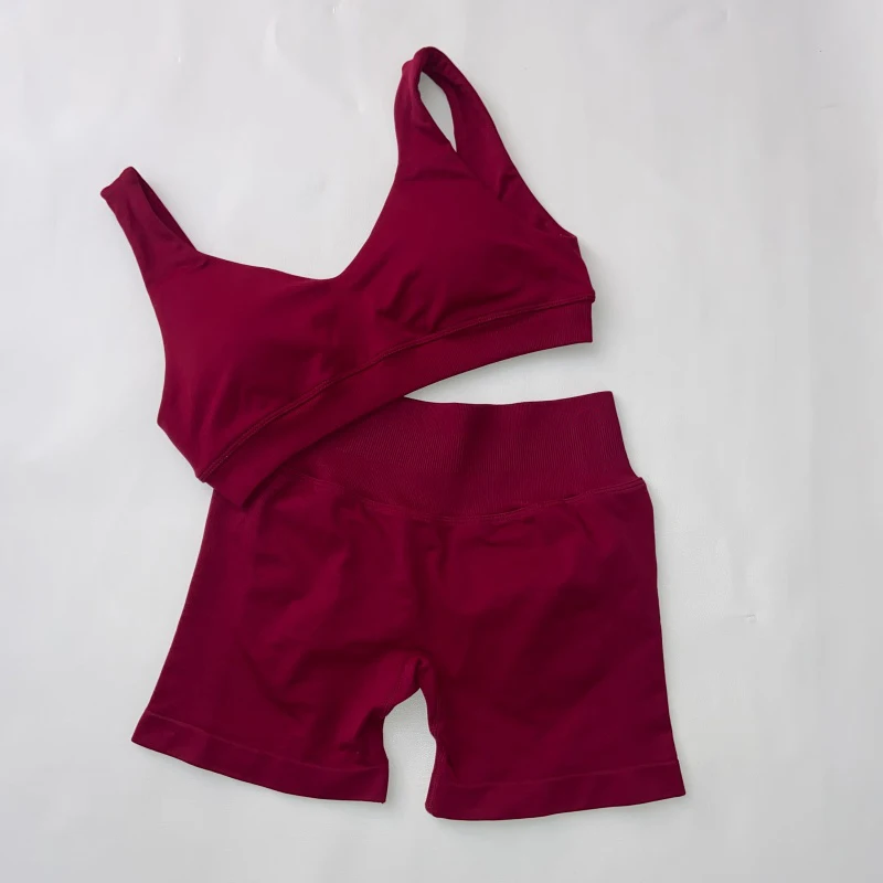 Women's Seamless Gym Set Scoop Backless Sports Bra V Neck Top with Scrunch Shorts Yoga Workout Outfit Fitness Clothing