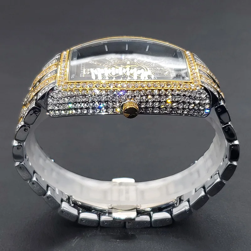 Luxury Men Crystal Watch Bling Iced-Out Tonneau Gold Watches Fashion Diamond Quartz Analog Clock With Stainless Steel Bracelet