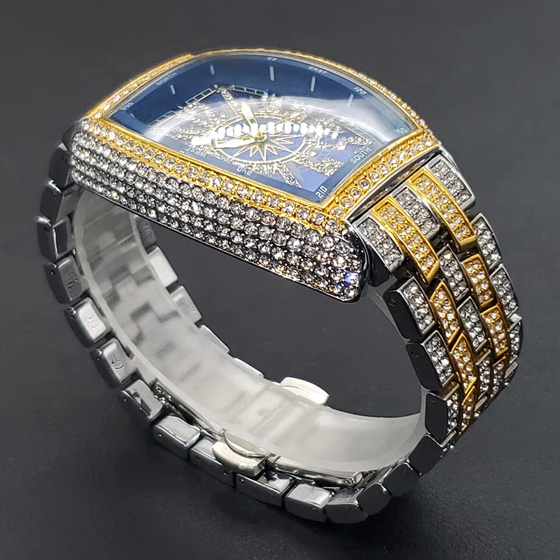 Luxury Men Crystal Watch Bling Iced-Out Tonneau Gold Watches Fashion Diamond Quartz Analog Clock With Stainless Steel Bracelet