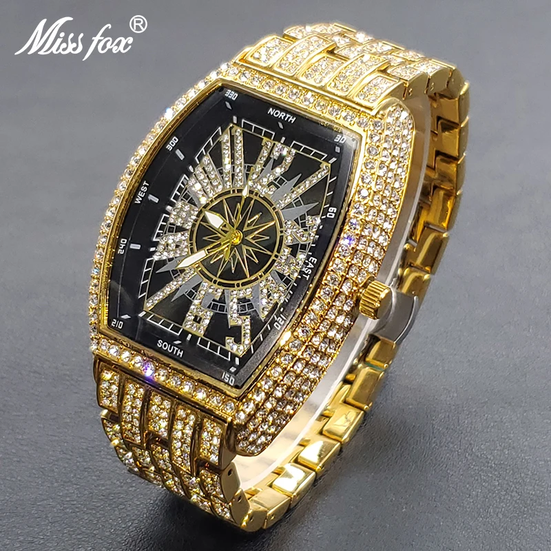 Luxury Men Crystal Watch Bling Iced-Out Tonneau Gold Watches Fashion Diamond Quartz Analog Clock With Stainless Steel Bracelet