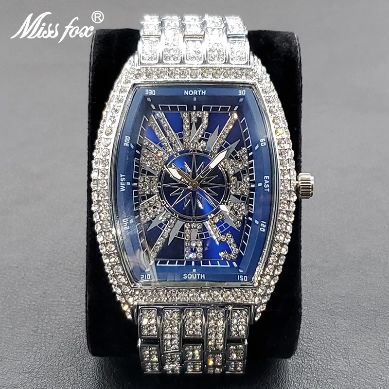 Luxury Men Crystal Watch Bling Iced-Out Tonneau Gold Watches Fashion Diamond Quartz Analog Clock With Stainless Steel Bracelet