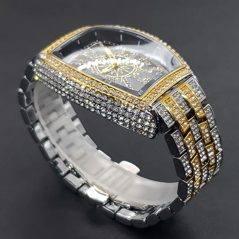 Luxury Men Crystal Watch Bling Iced-Out Tonneau Gold Watches Fashion Diamond Quartz Analog Clock With Stainless Steel Bracelet