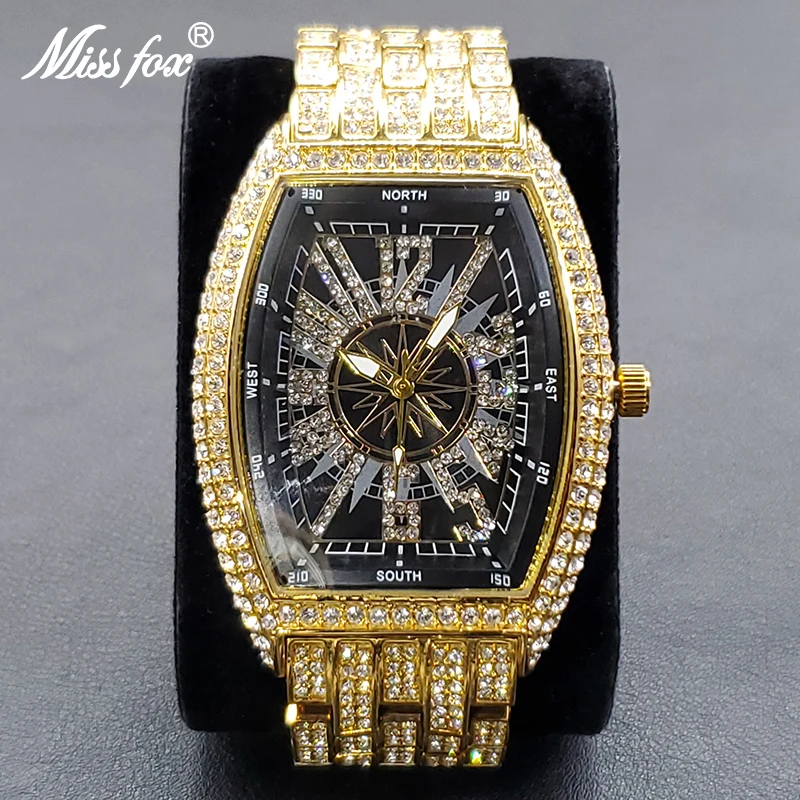 Luxury Men Crystal Watch Bling Iced-Out Tonneau Gold Watches Fashion Diamond Quartz Analog Clock With Stainless Steel Bracelet
