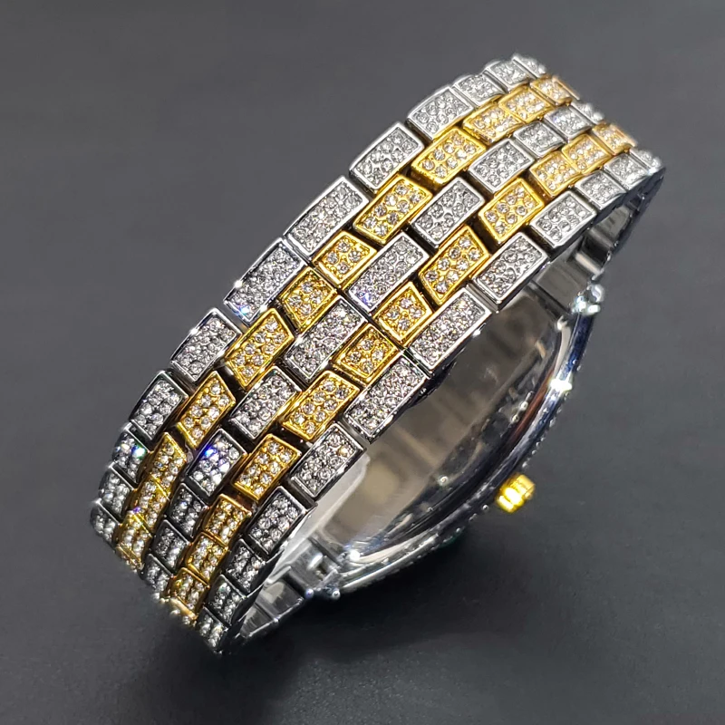 Luxury Men Crystal Watch Bling Iced-Out Tonneau Gold Watches Fashion Diamond Quartz Analog Clock With Stainless Steel Bracelet