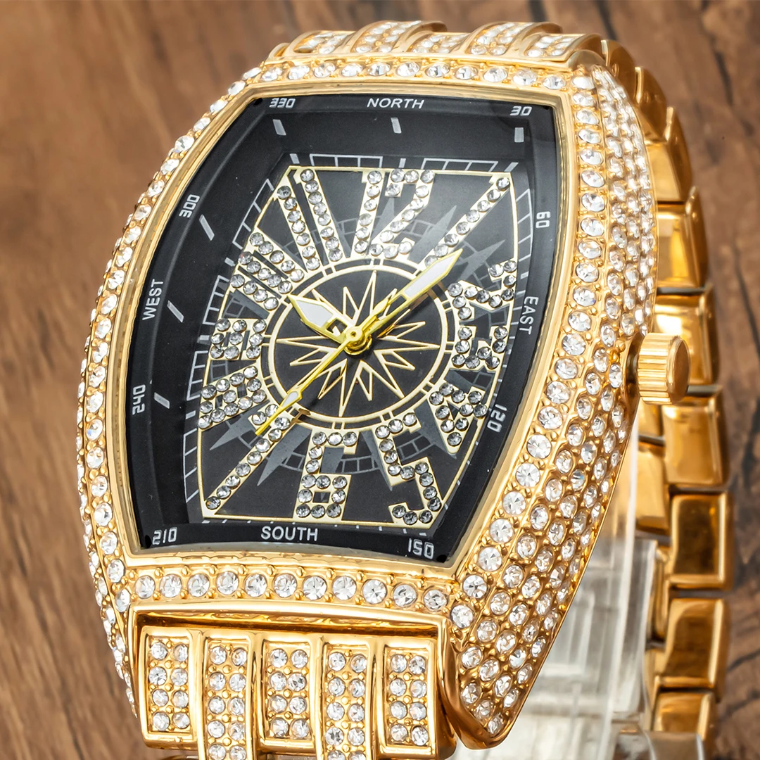 Luxury Men Crystal Watch Bling Iced-Out Tonneau Gold Watches Fashion Diamond Quartz Analog Clock With Stainless Steel Bracelet