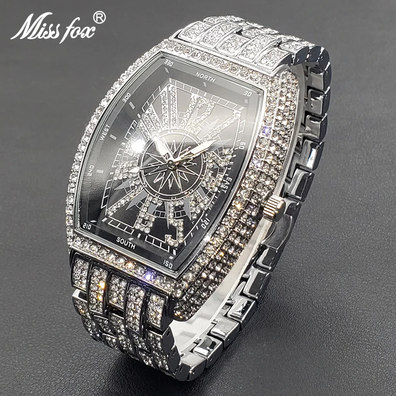 Luxury Men Crystal Watch Bling Iced-Out Tonneau Gold Watches Fashion Diamond Quartz Analog Clock With Stainless Steel Bracelet