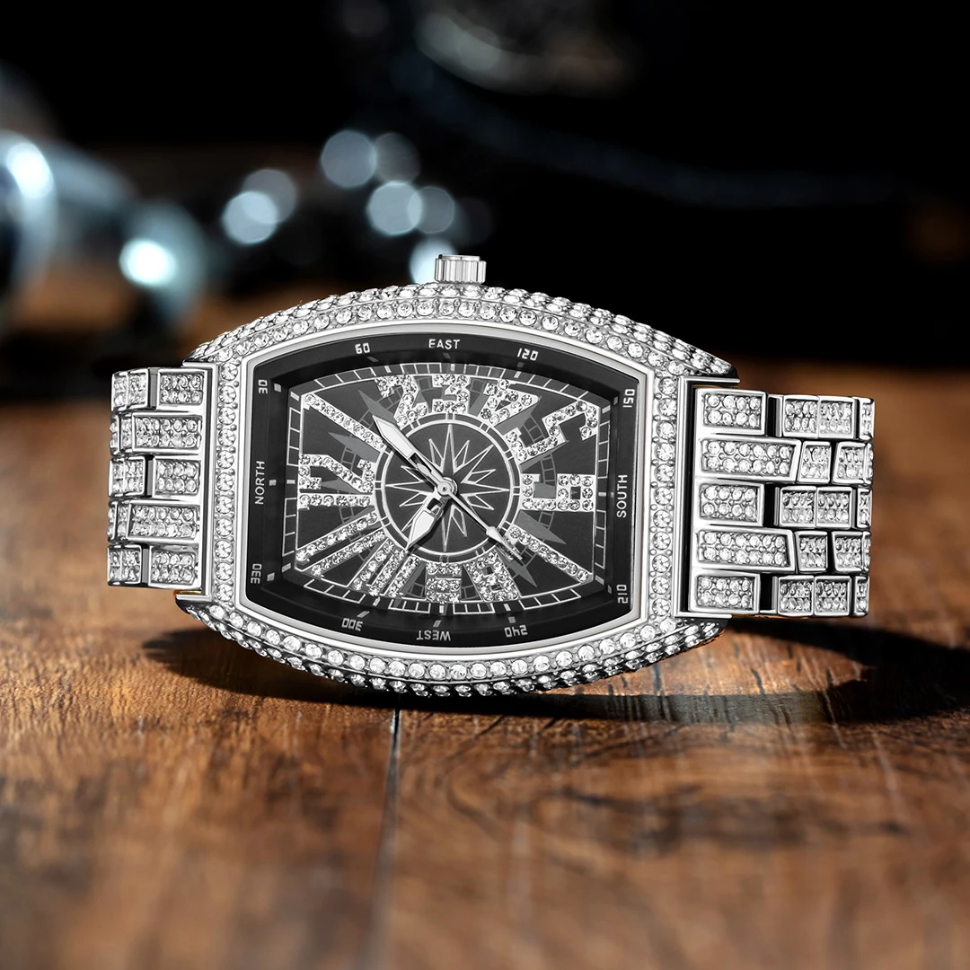 Luxury Men Crystal Watch Bling Iced-Out Tonneau Gold Watches Fashion Diamond Quartz Analog Clock With Stainless Steel Bracelet
