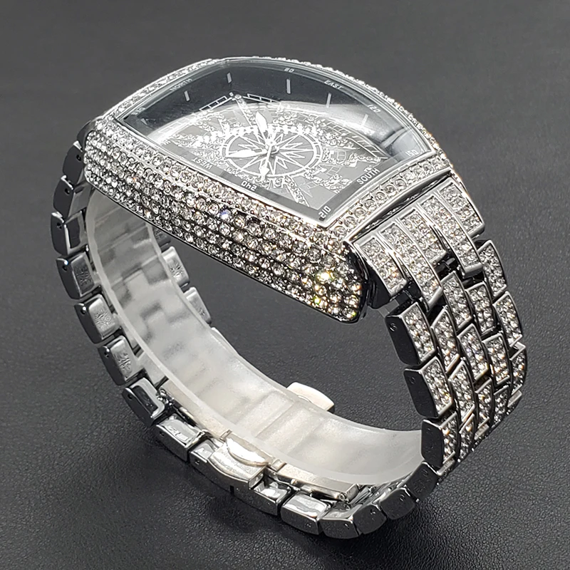 Luxury Men Crystal Watch Bling Iced-Out Tonneau Gold Watches Fashion Diamond Quartz Analog Clock With Stainless Steel Bracelet