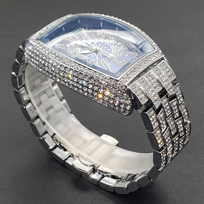 Luxury Men Crystal Watch Bling Iced-Out Tonneau Gold Watches Fashion Diamond Quartz Analog Clock With Stainless Steel Bracelet
