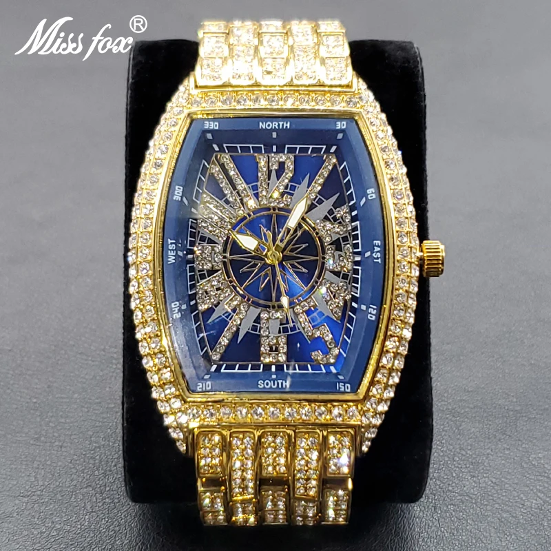 Luxury Men Crystal Watch Bling Iced-Out Tonneau Gold Watches Fashion Diamond Quartz Analog Clock With Stainless Steel Bracelet