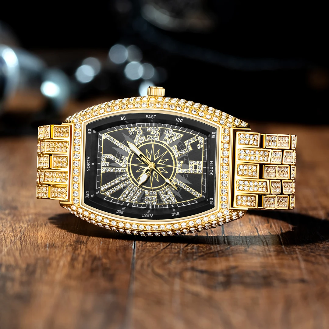 Luxury Men Crystal Watch Bling Iced-Out Tonneau Gold Watches Fashion Diamond Quartz Analog Clock With Stainless Steel Bracelet