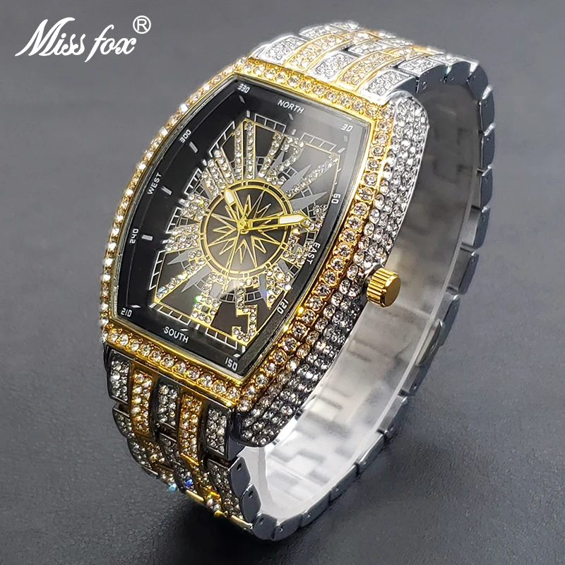 Luxury Men Crystal Watch Bling Iced-Out Tonneau Gold Watches Fashion Diamond Quartz Analog Clock With Stainless Steel Bracelet