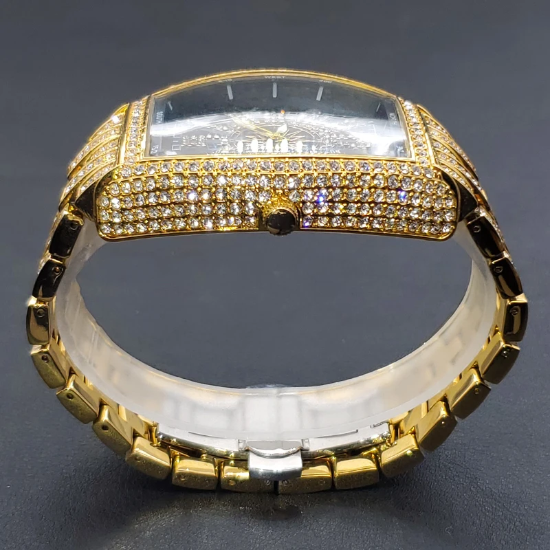 Luxury Men Crystal Watch Bling Iced-Out Tonneau Gold Watches Fashion Diamond Quartz Analog Clock With Stainless Steel Bracelet