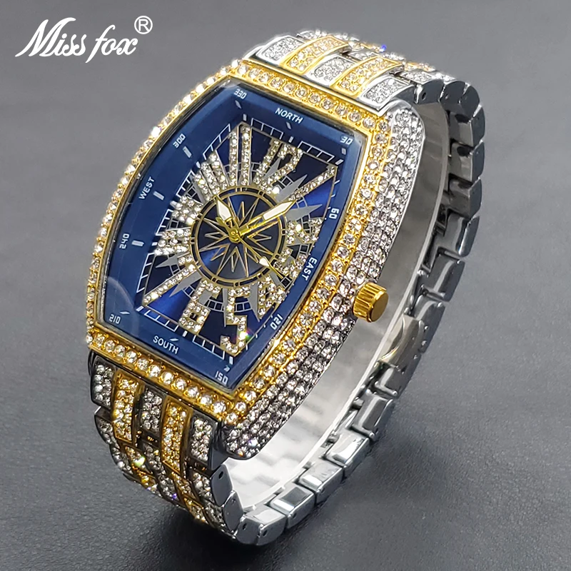 Luxury Men Crystal Watch Bling Iced-Out Tonneau Gold Watches Fashion Diamond Quartz Analog Clock With Stainless Steel Bracelet