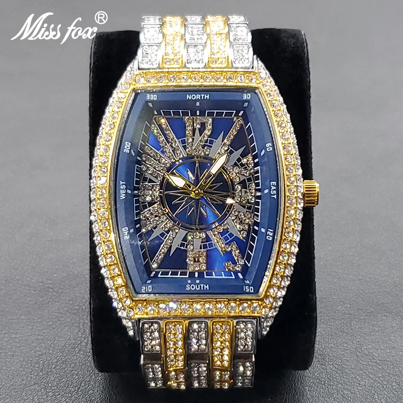 Luxury Men Crystal Watch Bling Iced-Out Tonneau Gold Watches Fashion Diamond Quartz Analog Clock With Stainless Steel Bracelet