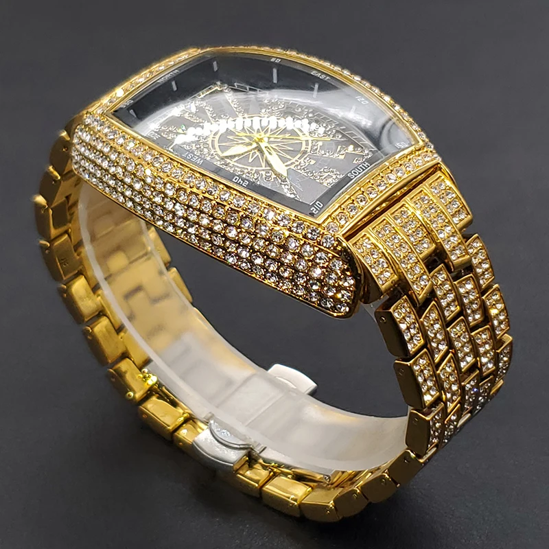 Luxury Men Crystal Watch Bling Iced-Out Tonneau Gold Watches Fashion Diamond Quartz Analog Clock With Stainless Steel Bracelet