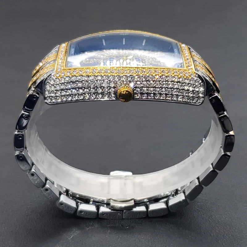 Luxury Men Crystal Watch Bling Iced-Out Tonneau Gold Watches Fashion Diamond Quartz Analog Clock With Stainless Steel Bracelet