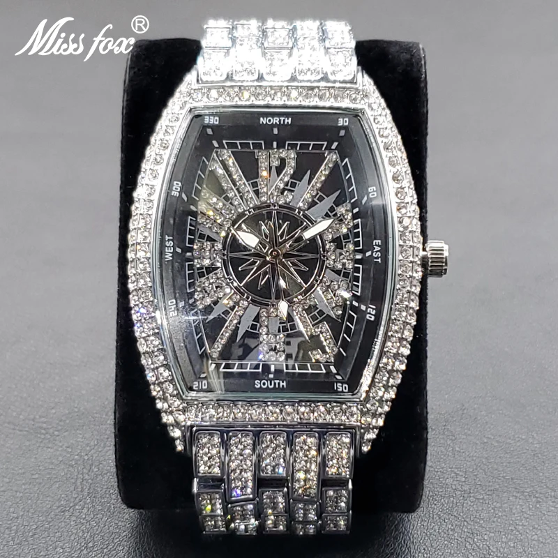 Luxury Men Crystal Watch Bling Iced-Out Tonneau Gold Watches Fashion Diamond Quartz Analog Clock With Stainless Steel Bracelet