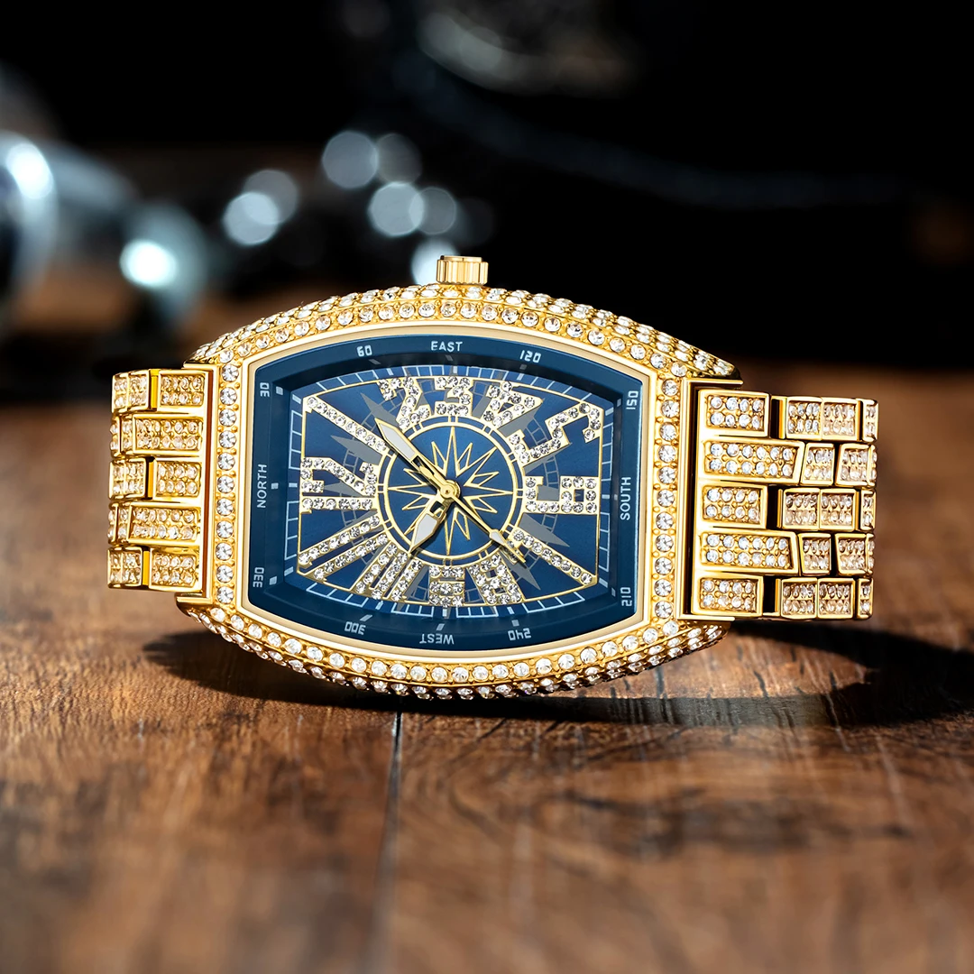 Luxury Men Crystal Watch Bling Iced-Out Tonneau Gold Watches Fashion Diamond Quartz Analog Clock With Stainless Steel Bracelet