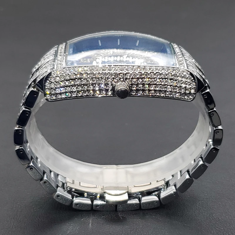 Luxury Men Crystal Watch Bling Iced-Out Tonneau Gold Watches Fashion Diamond Quartz Analog Clock With Stainless Steel Bracelet
