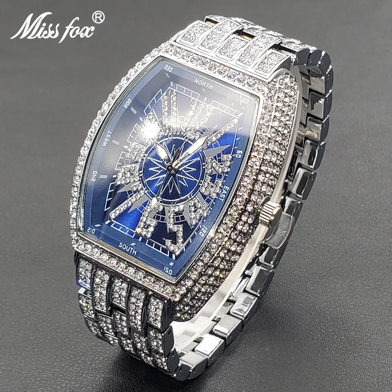 Luxury Men Crystal Watch Bling Iced-Out Tonneau Gold Watches Fashion Diamond Quartz Analog Clock With Stainless Steel Bracelet