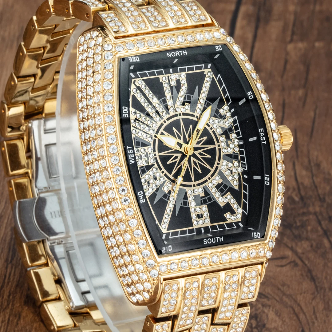 Luxury Men Crystal Watch Bling Iced-Out Tonneau Gold Watches Fashion Diamond Quartz Analog Clock With Stainless Steel Bracelet