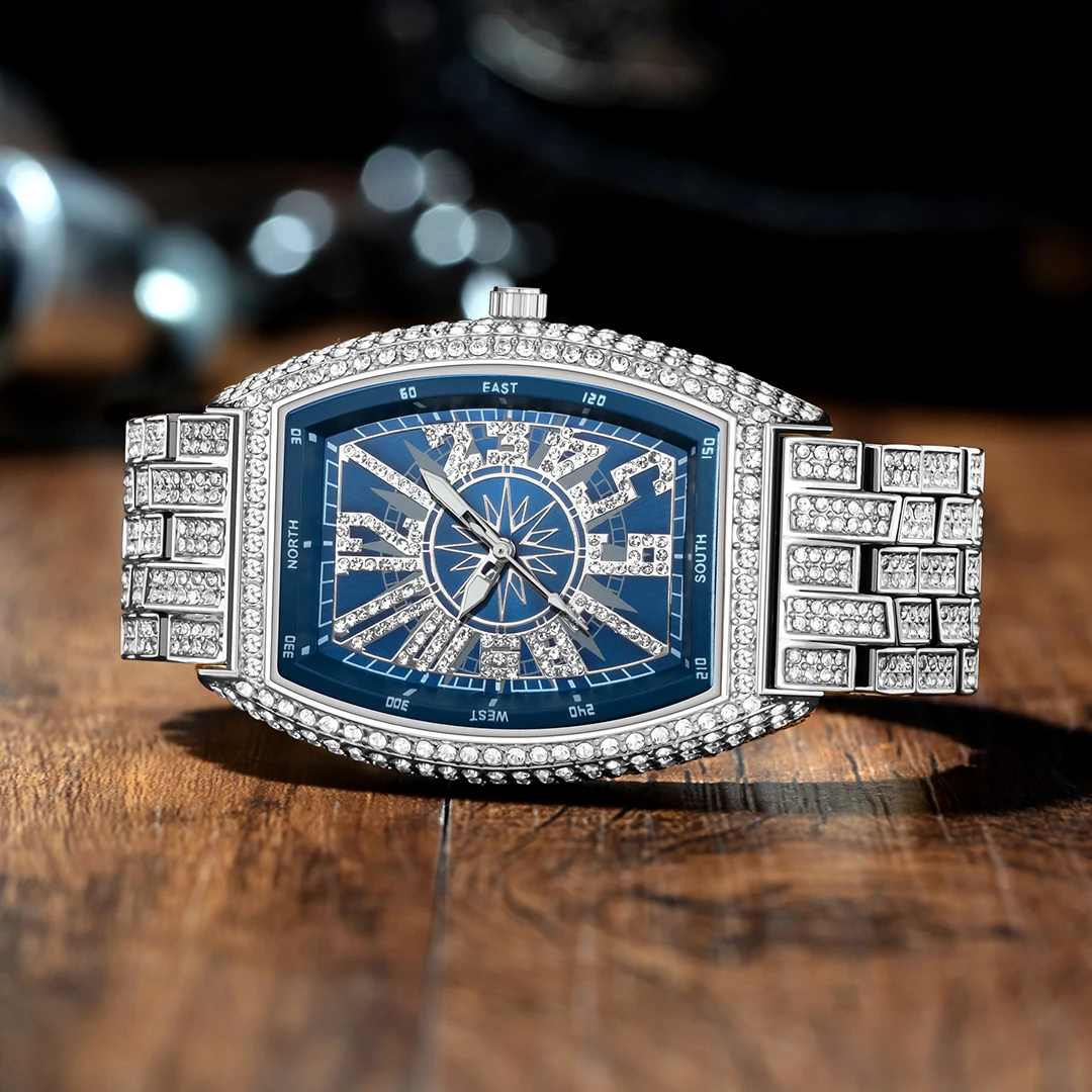 Luxury Men Crystal Watch Bling Iced-Out Tonneau Gold Watches Fashion Diamond Quartz Analog Clock With Stainless Steel Bracelet