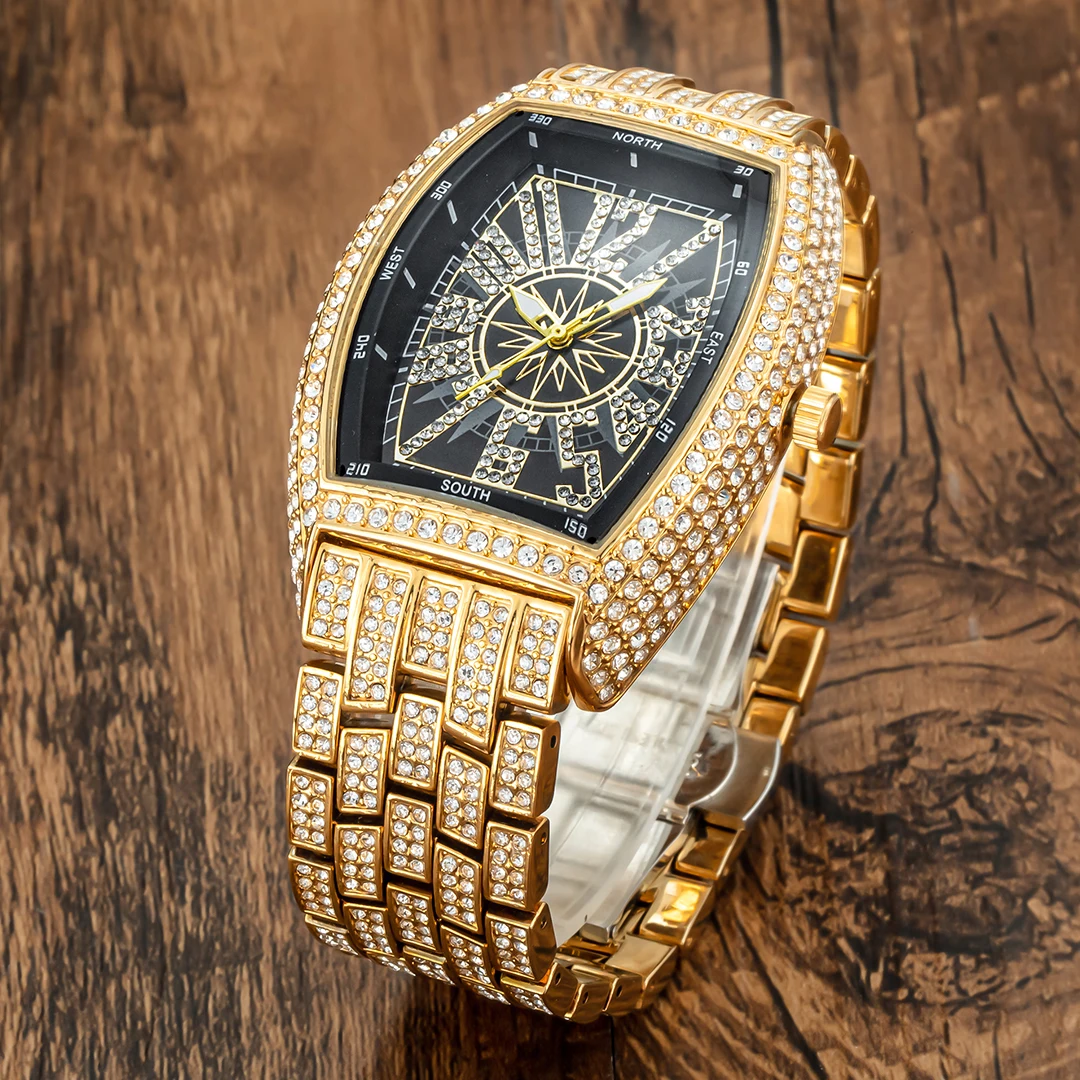 Luxury Men Crystal Watch Bling Iced-Out Tonneau Gold Watches Fashion Diamond Quartz Analog Clock With Stainless Steel Bracelet