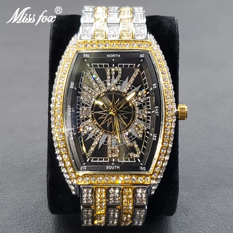 Luxury Men Crystal Watch Bling Iced-Out Tonneau Gold Watches Fashion Diamond Quartz Analog Clock With Stainless Steel Bracelet