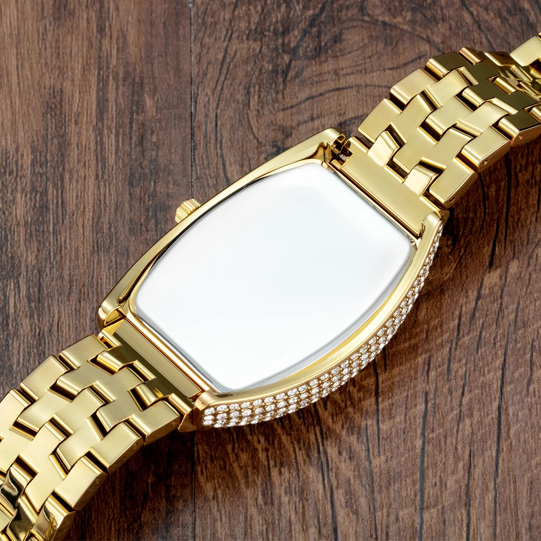 Luxury Men Crystal Watch Bling Iced-Out Tonneau Gold Watches Fashion Diamond Quartz Analog Clock With Stainless Steel Bracelet