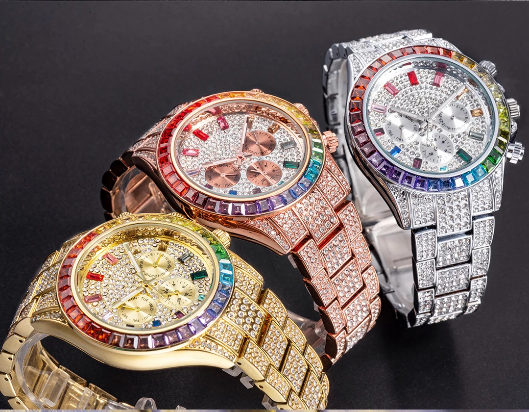 MISSFOX Blingbling Wristwatch For Men Luxury Colour Diamond Calendar Quartz Watch Hip Hop Fashion Waterproof Man Clock Hot Sale