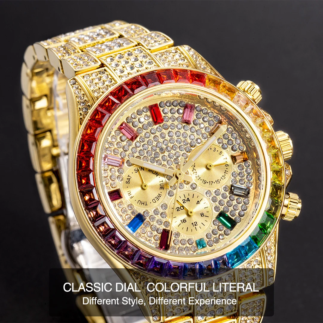 MISSFOX Blingbling Wristwatch For Men Luxury Colour Diamond Calendar Quartz Watch Hip Hop Fashion Waterproof Man Clock Hot Sale