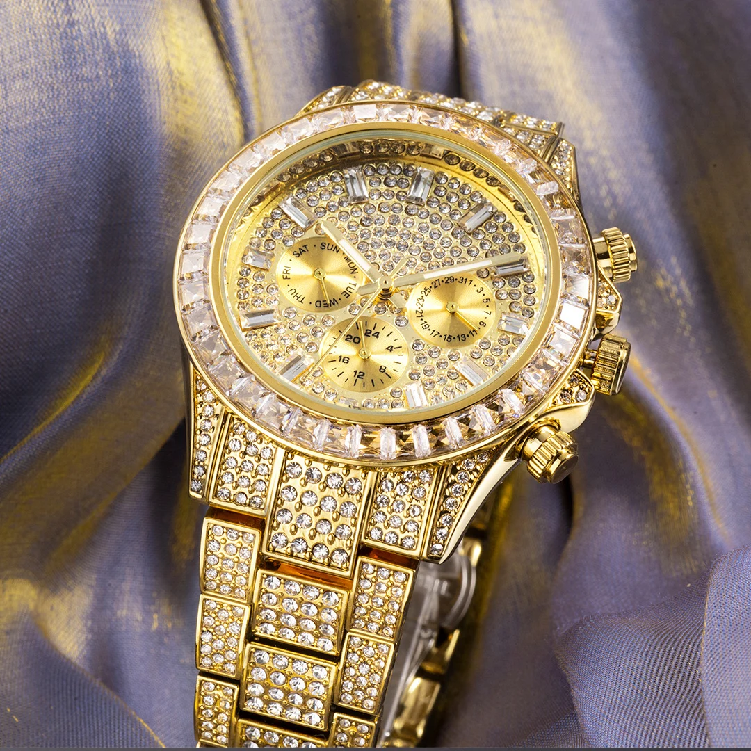MISSFOX Blingbling Wristwatch For Men Luxury Colour Diamond Calendar Quartz Watch Hip Hop Fashion Waterproof Man Clock Hot Sale