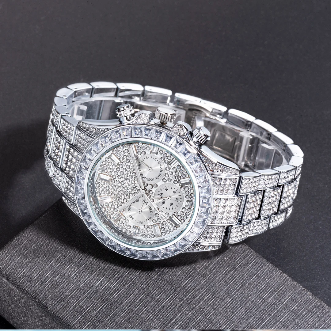 MISSFOX Blingbling Wristwatch For Men Luxury Colour Diamond Calendar Quartz Watch Hip Hop Fashion Waterproof Man Clock Hot Sale