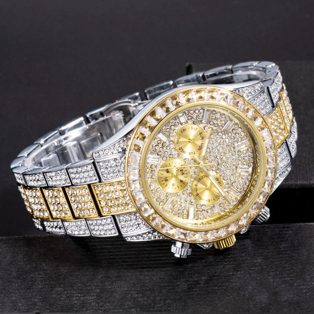 MISSFOX Blingbling Wristwatch For Men Luxury Colour Diamond Calendar Quartz Watch Hip Hop Fashion Waterproof Man Clock Hot Sale