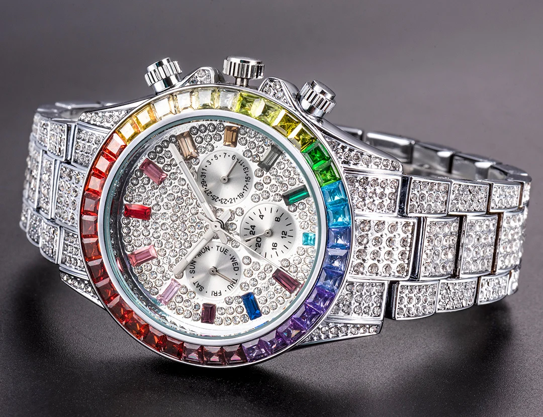 MISSFOX Blingbling Wristwatch For Men Luxury Colour Diamond Calendar Quartz Watch Hip Hop Fashion Waterproof Man Clock Hot Sale