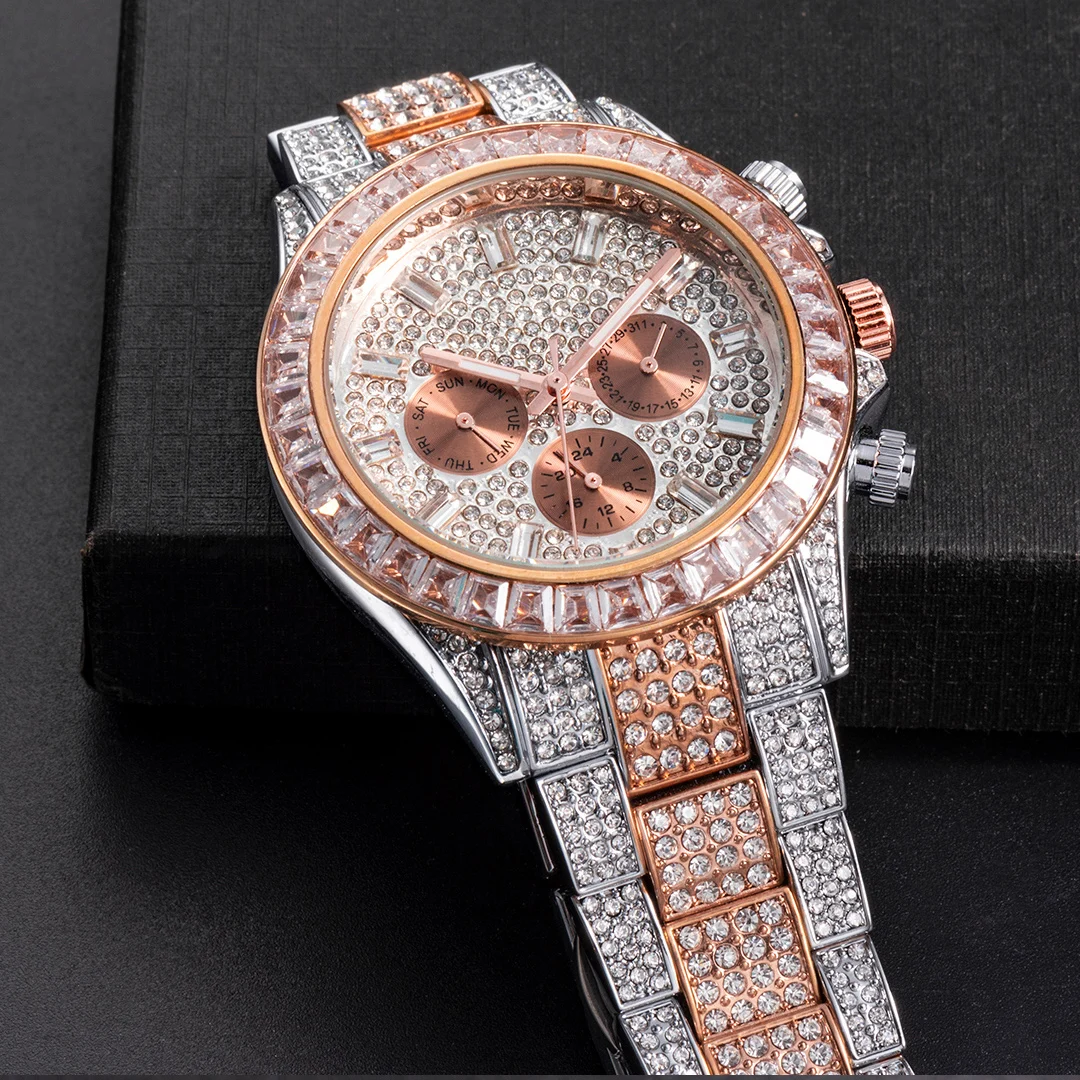 MISSFOX Blingbling Wristwatch For Men Luxury Colour Diamond Calendar Quartz Watch Hip Hop Fashion Waterproof Man Clock Hot Sale