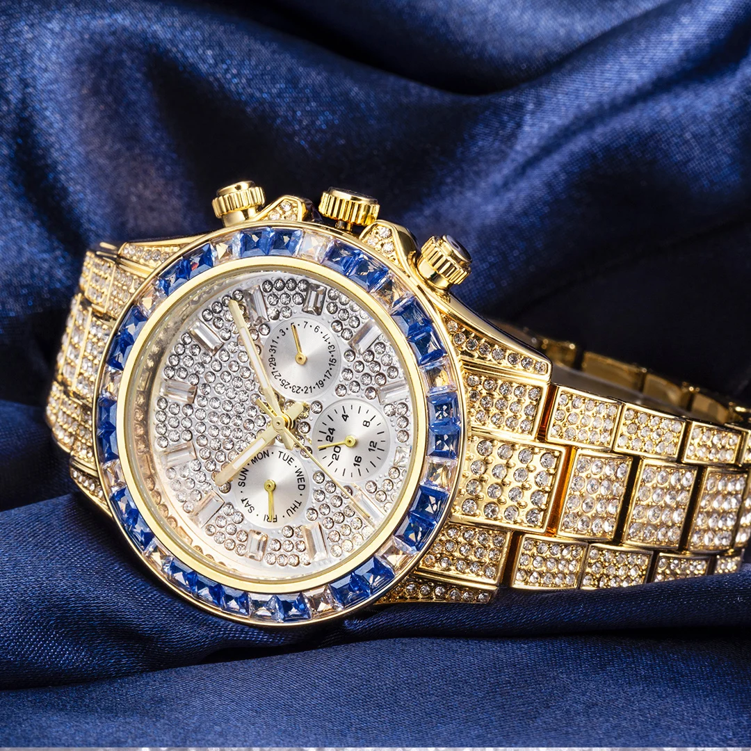 MISSFOX Blingbling Wristwatch For Men Luxury Colour Diamond Calendar Quartz Watch Hip Hop Fashion Waterproof Man Clock Hot Sale