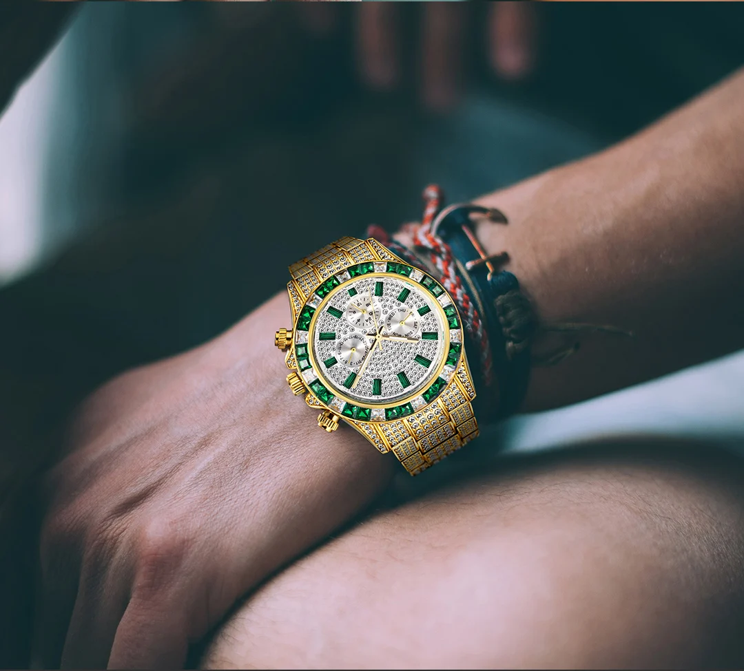 MISSFOX Blingbling Wristwatch For Men Luxury Colour Diamond Calendar Quartz Watch Hip Hop Fashion Waterproof Man Clock Hot Sale