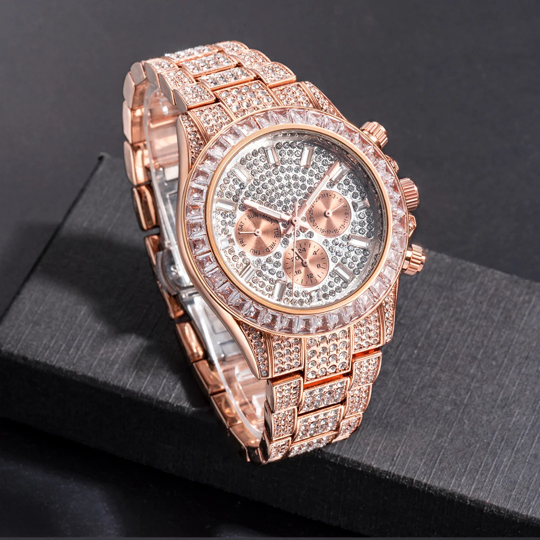 MISSFOX Blingbling Wristwatch For Men Luxury Colour Diamond Calendar Quartz Watch Hip Hop Fashion Waterproof Man Clock Hot Sale