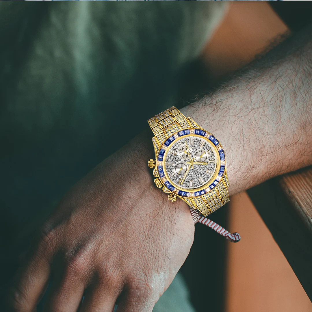MISSFOX Blingbling Wristwatch For Men Luxury Colour Diamond Calendar Quartz Watch Hip Hop Fashion Waterproof Man Clock Hot Sale